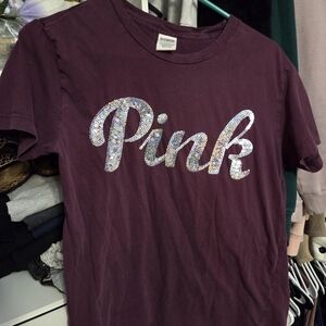 Victoria's Secret PINK Maroon Short Sleeve Tee with Sparkle Sequin Logo